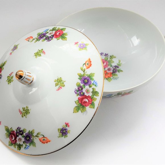 Sango China Covered Bowl Toureen 10" Japan Dresden Flowers Bouquet Gold VTG Mint - Picture 4 of 10